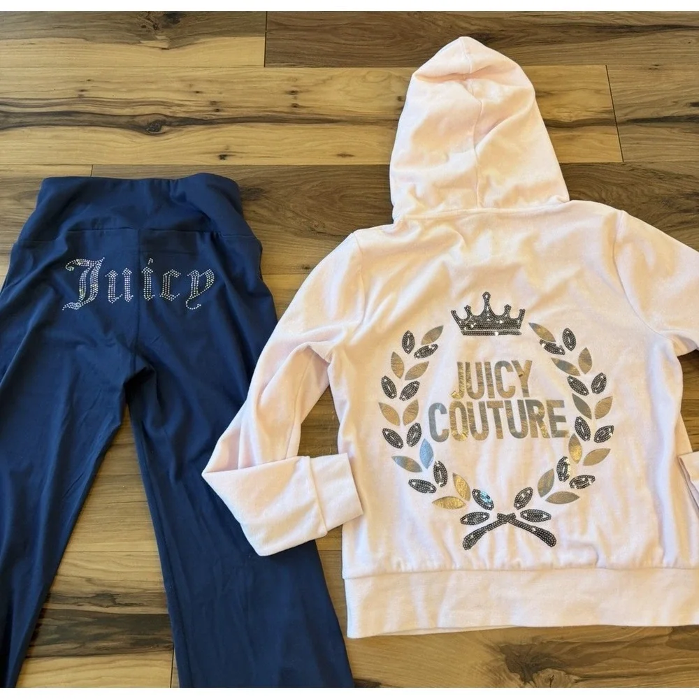 Juicy Couture Rhinestone Sequin Studded Tracksuit Set Pink Hoodie L Blue Pants M